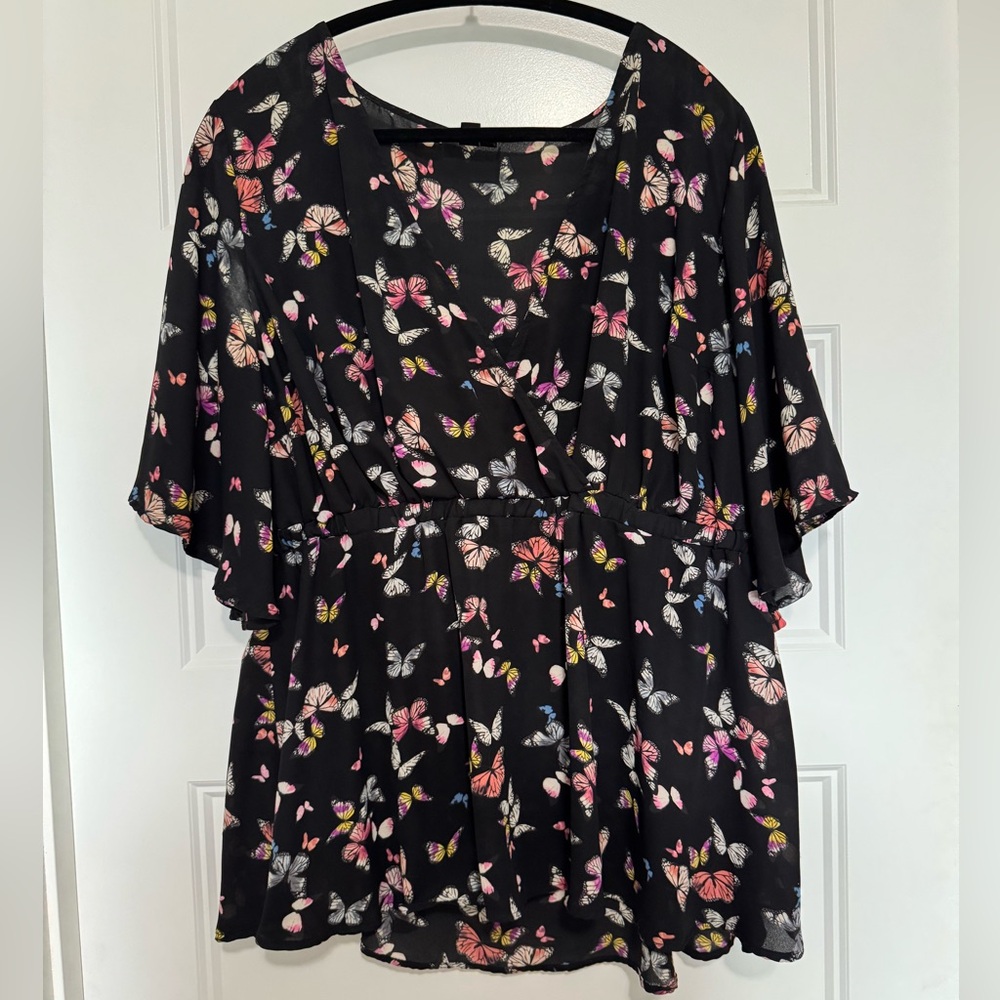 Torrid Black Peplum Blouse with Colorful Butterfly Print